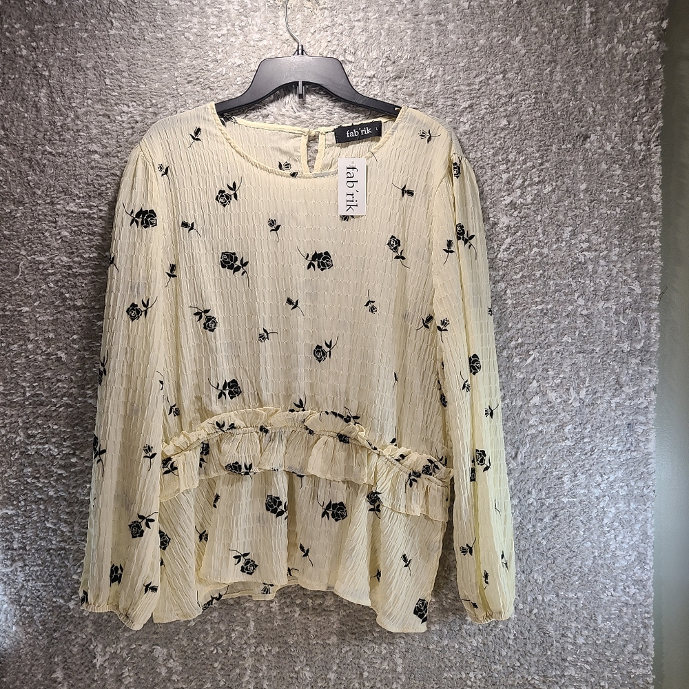 FAB'RIK Women Cream Black Velvet Roses Print Long Sleeve Large Polyester Top NWT